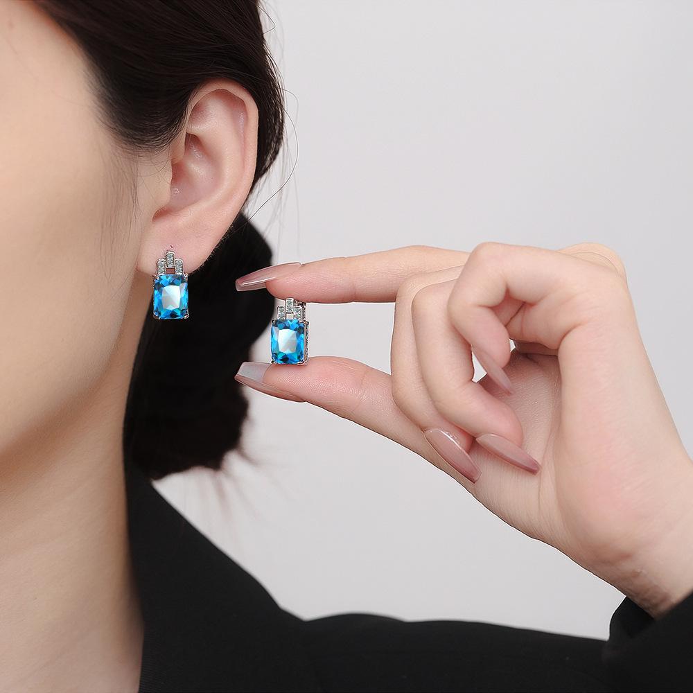 Personalized Earrings, Rectangular Ear Buckles, Colored Zircon Earrings, High-End Temperament
