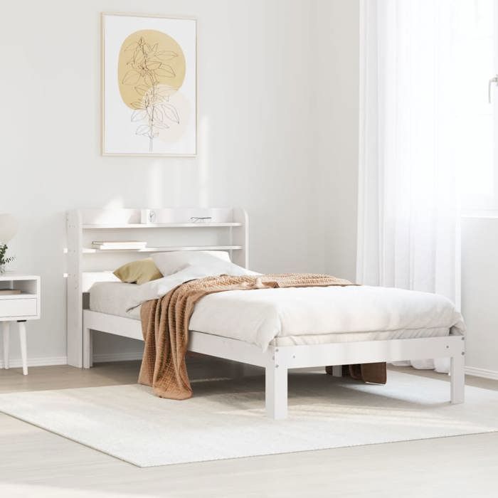VidaXL Bed Frame with Headboard White 90x200cm Solid Pine Wood, Bed, Bedroom Furniture, Wooden Bed, Single Bed, 3306783