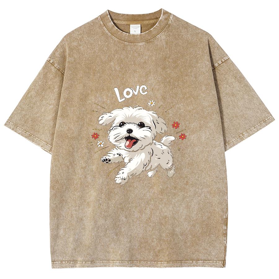 Hand Painted White Bichon Terrier Print Women Wash T-Shirt Oversized Crew Neck Cotton Half Sleeve Summer Cute Sweetheart Top