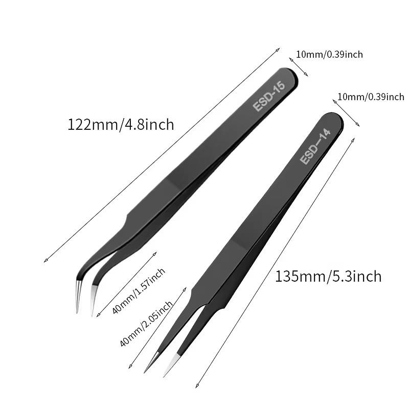 Black ESD Anti-Static Stainless Steel Tweezers Precision Maintenance Industrial Repair Home Working Model Making Hand Tools Set