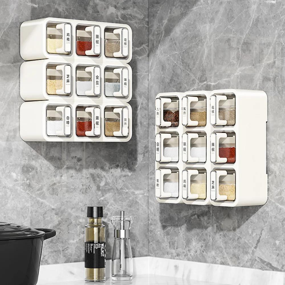 Wall Mount Spice Rack Organizer Sugar Bowl Salt Shaker Seasoning Container Kitchen Supplies Storage Set Spice Boxes storage