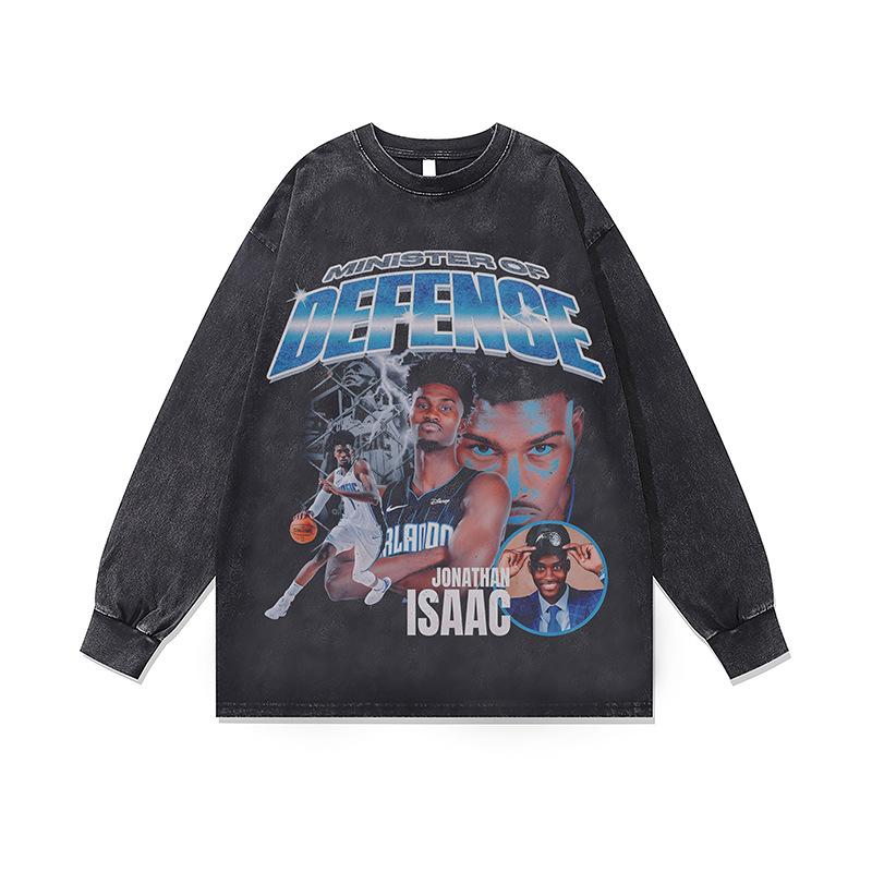 2. American Retro Hip-Hop Star Print Base Top Men'S And Women'S Autumn Washed Crew Neck Long Sleeve T-Shirt