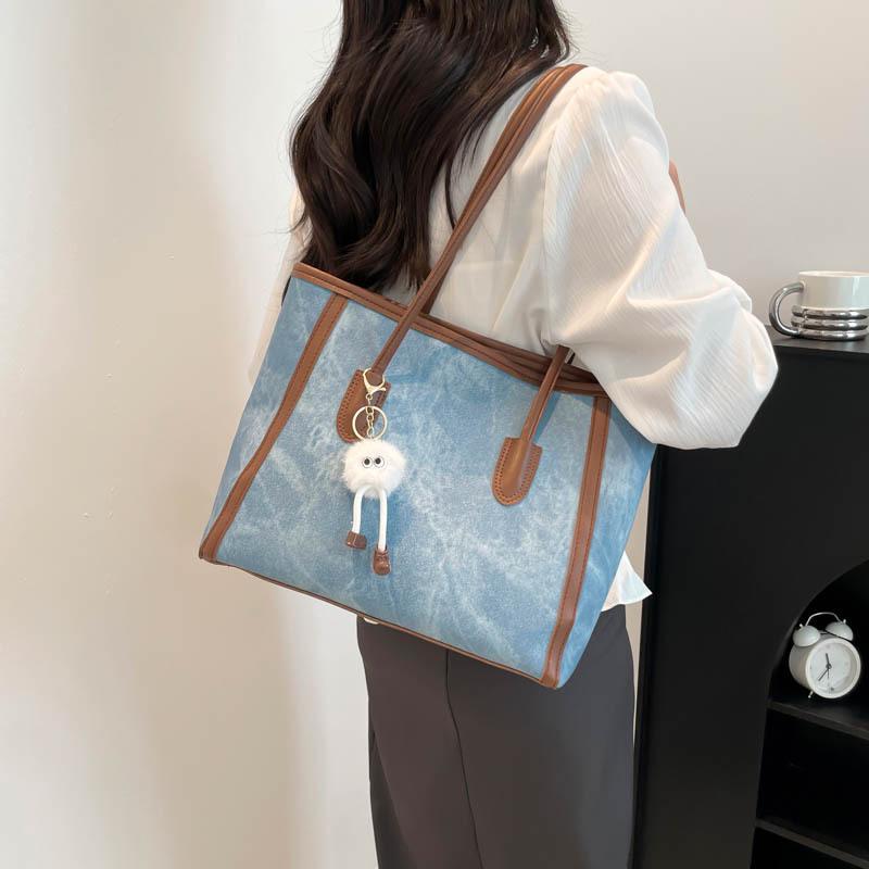 Minimalist Casual Women Tote Bag with Brown Trim Plush Keychain Accent Roomy Large Capacity Shoulder Bag for Everyday Styling