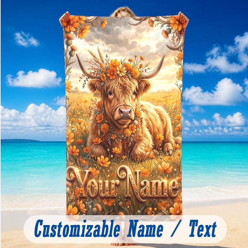 Cow Highland Theme Beach Towel Personalized Custom Name & Text Soft Quick Dry Beach Towel for Swimming Travel