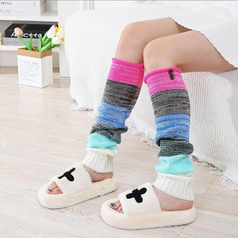 Autumn Winter New Women Shoe Covers Knee Pads Mixed Color Striped Buttons Long Over The Knee Knitted Warm Pile Sock Covers