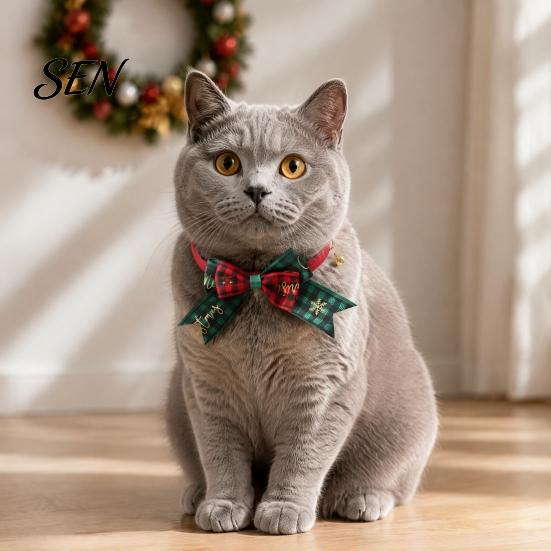 Christmas Pet Accessories Bow Collar, Adjustable Cat Collar with And Bell, Safety Buckle Plaid Print for Cats, Small Dogs, Holiday Wear Bell