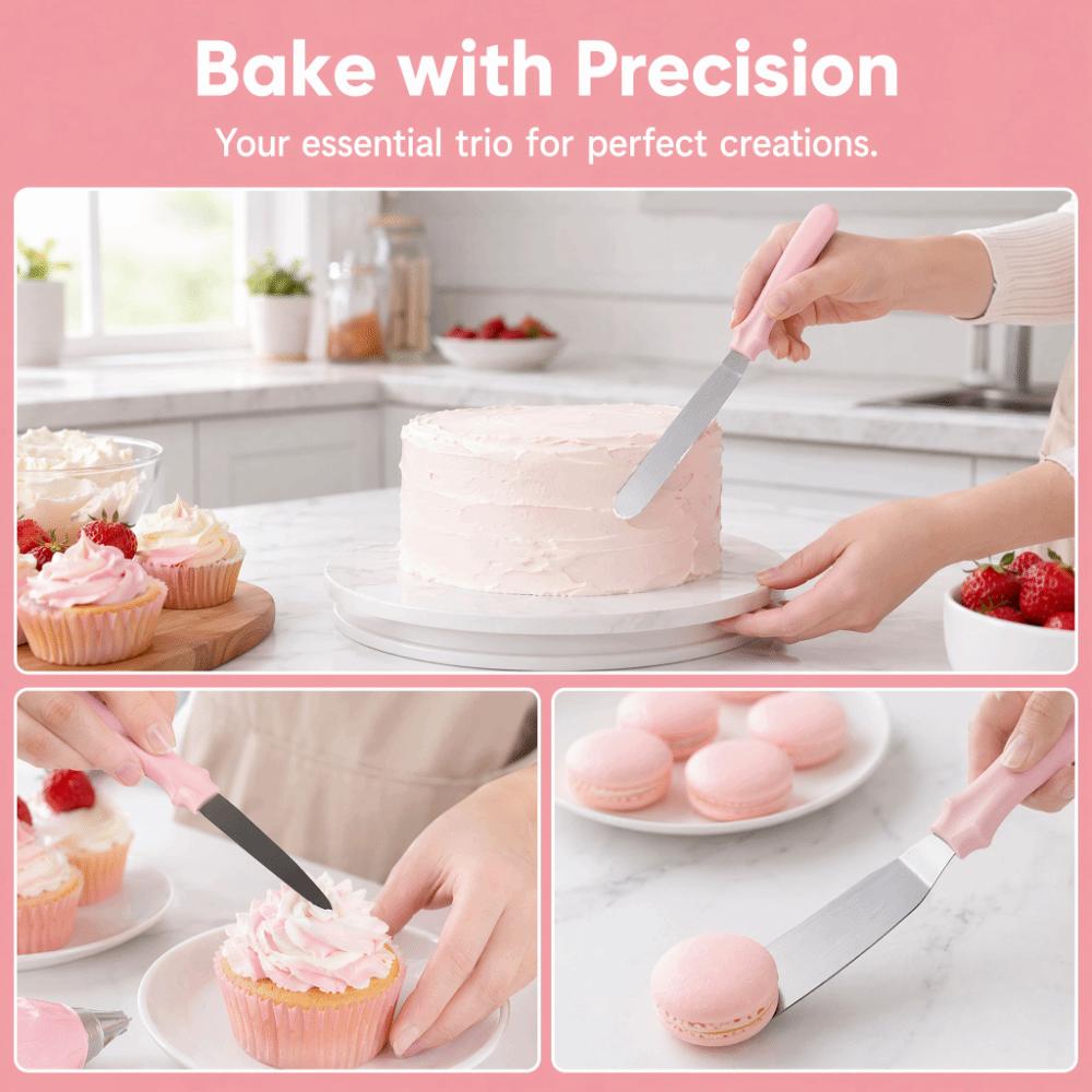 3PCS Stainless Steel Cake Cream Spatulas Different Blade Shapes Angled Rounded Blade Tips Baking Spatulas Set Food Grade PP