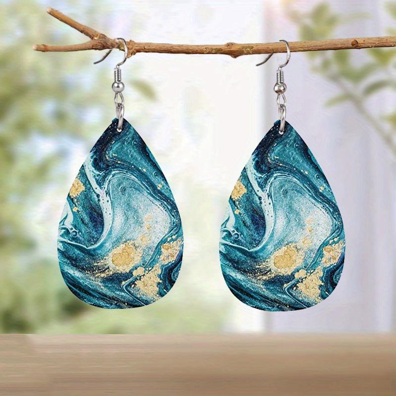 Abstract Ocean Beach Marble Pattern PU Faux Leather Earrings Women's Classic Water Drop Earrings Lightweight Fashion Earrings