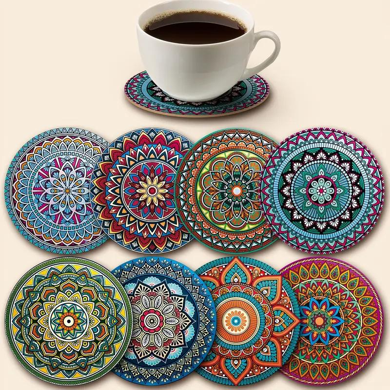 

8pcs Mandala Wooden Coasters Set - Holiday Gift, Home Bar Office Decor, All Occasion Use, 10x10cm
