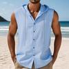 Men Sleeveless Hooded Button Down Linen Blend Shirt