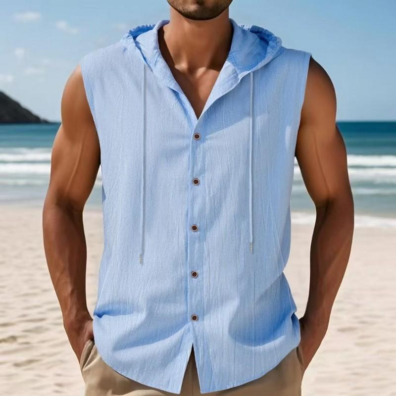 Men Sleeveless Hooded Button Down Linen Blend Shirt