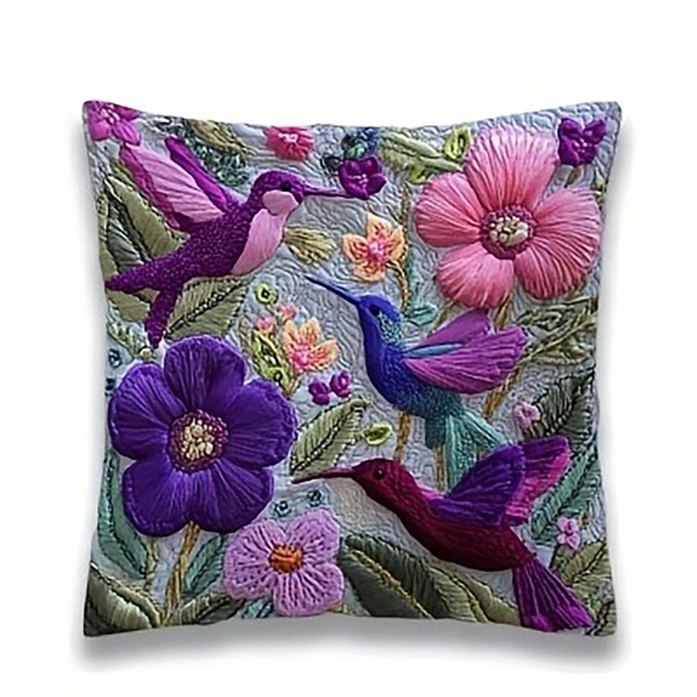 Exquisite Quilted Pillowcases with Vivid Hummingbird and Flower Patterns Sofa Cushion Cover Home Room Decoration