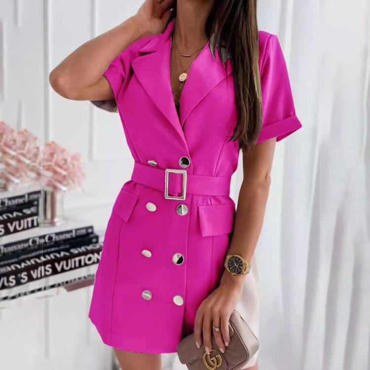 Women Summer Casual Short Sleeve A-Line Dress Solid Color Double Breasted Suit Collar Above Knee Belt High Waist Spring Dresses