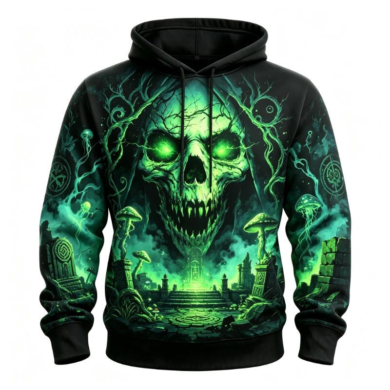 Men's Bloody Red Eyes Skull Dead Tree Full Print Hoodie Halloween Gothic Long Sleeve Pullover Sweatshirt For Cosplay Party