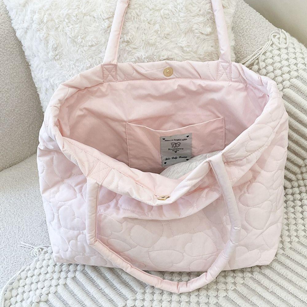 Large Capacity Heart Printed Shoulder Bag Solid Color Nylon Handbag Cute Down Bag  Autumn Winter
