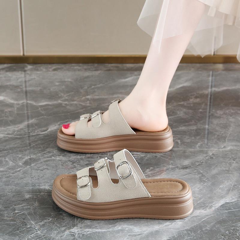 22 summer soft leather open-toed slippers muffin thick-bottomed white French belt buckle cool slippers 35