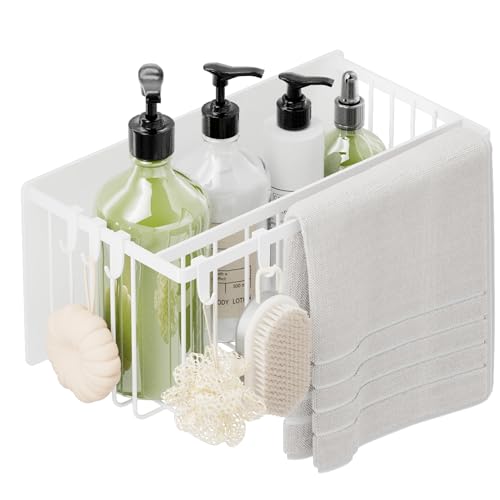 

Magnetic Bathroom Basket, Bathroom Rack, Bath Rack with 5 Hooks, Tower Bathroom Storage Rack (White)