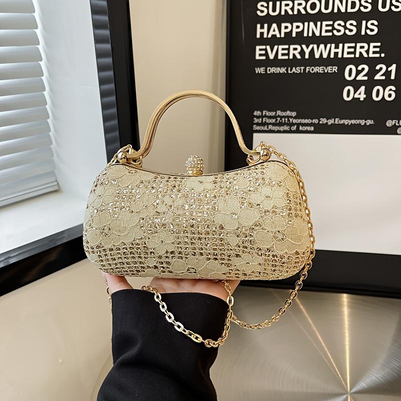 Sparkling Flower Evening With Rhinestone Chain Wallet Banquet Cheongsam Dress Purse Handbag For Annual Party Luxurious Sequined Dinner Tote