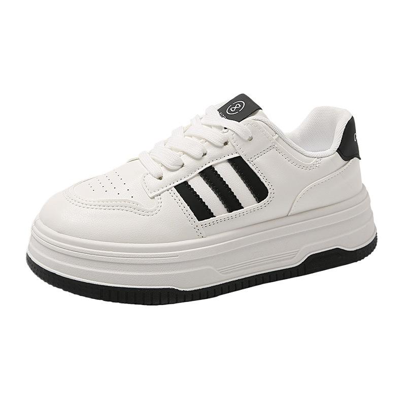 Damen Leder Dicksohlen Schuhe Frühling Neu Rundkopf Schnürschuhe Bequem Vielseitig Studenten Freizeit Sport Weiße Schuhe