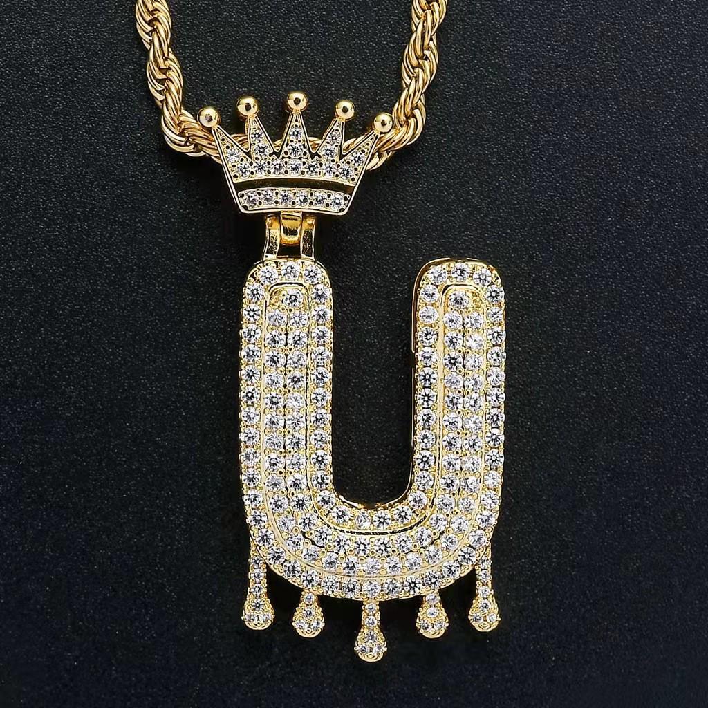 Stylish Hip Hop Zircon Crown Pendant Necklace with 26 English Letters for Women