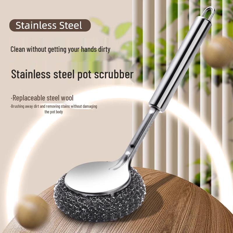 New Arrival: Long Handle Stainless Steel Pot Brush with Scouring Pad for Efficient Kitchen Cleaning - Free Shipping