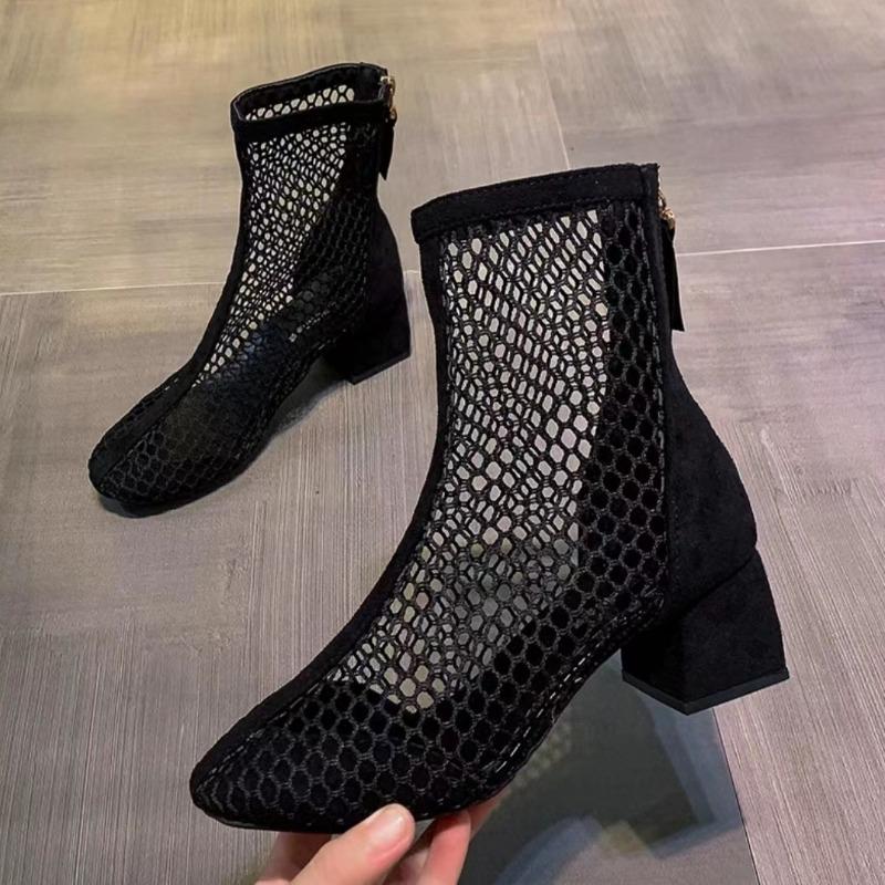 Fashion Mesh Square Heel Cooling Boots Summer New Thin Cutout Breathable Mesh Rear Zipper Round Toe Non-Slip Heel Booties