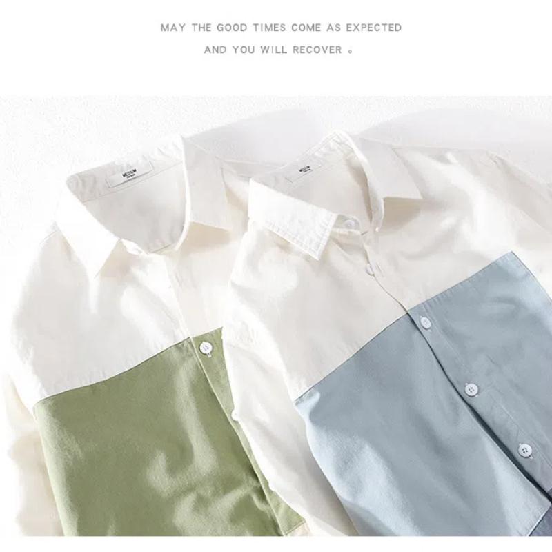 Korean Style Long Sleeve Men Shirt Lapel Collar Stitching Design Shirts Youth Pure Cotton Casual Shirt Comfortabl Men Tops Slim Fit