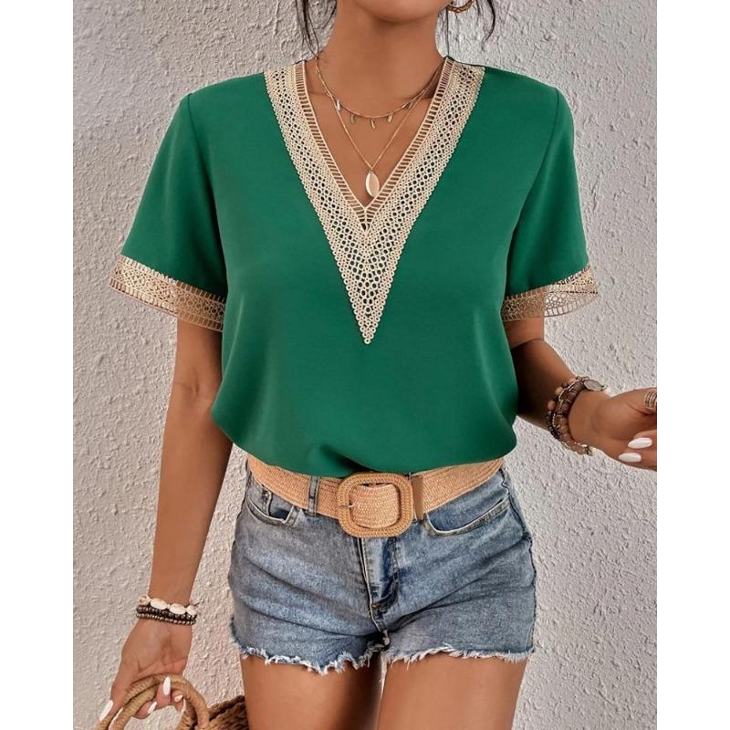 Summer Women's Short-sleeved T-shirt New Short-sleeved Solid Splicing Lace Chiffon Foreign Style Commuter OL White