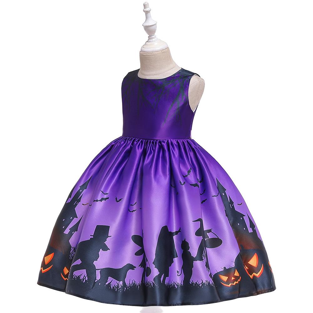 Kids Girls Halloween Costume Ghost  Dress Witch Hat Pumpkin Skull Printed Fancy Dress Up Cosplay Party Outfits