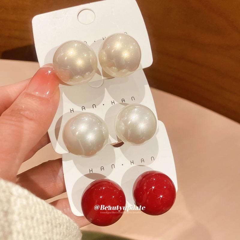 Silver Needle Red Round Pearl Earrings Light Luxury High-end Stud Earrings Fashion Simple Elegant Temperament Versatile Earrings Women