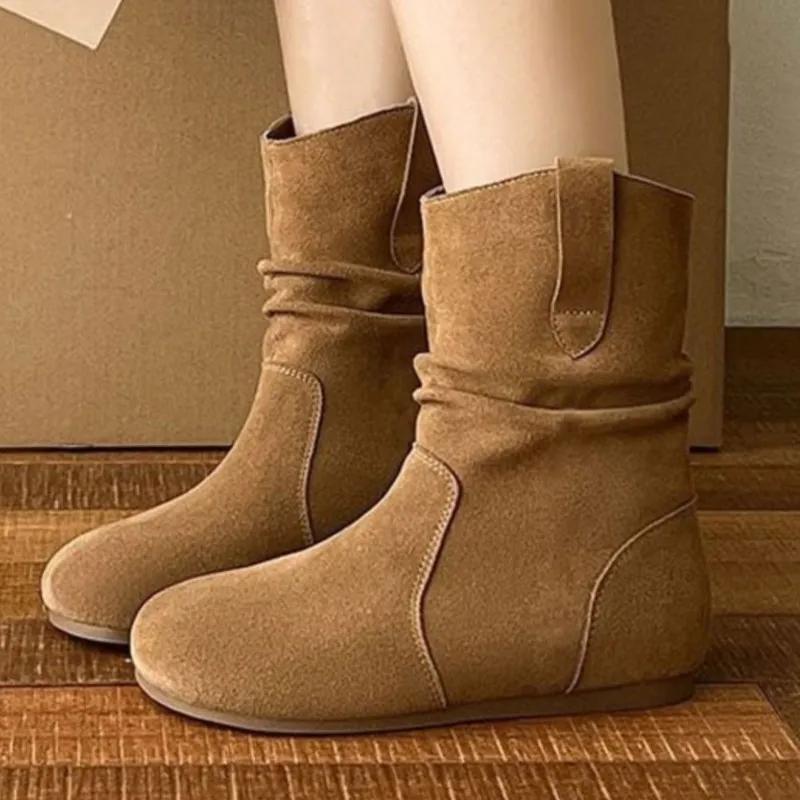 Suede Casual Boots For Women  Fashion Ankle Boots New Short Slip On Flat Shoes Retro Versatile Soft Bottom Lady Boot