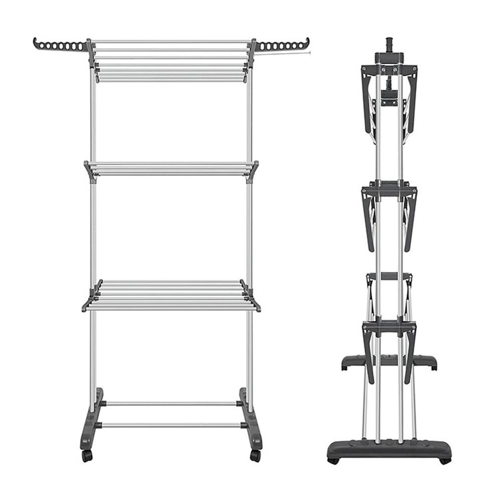 4-Tier Foldable Drying Rack Free Standing Movable Laundry Rack with 4 Castors Rolling Clothes Horses Dryer Rack W/ 4 Drying Pole