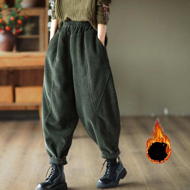Corduroy Pants Padded Thickened Autumn Winter New High Waist Loose Solid Color Splicing Warm Harlan Fashion Trousers Large Size