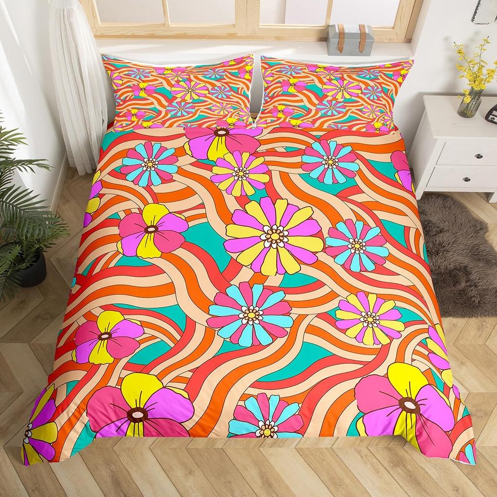 Erosebridal 60S 70S Hippie Duvet Cover Twin Vintage Boho Sun Bedding Set Groovy Flowers Clouds Love Hearts Comforter Cover for Kids Girls Te