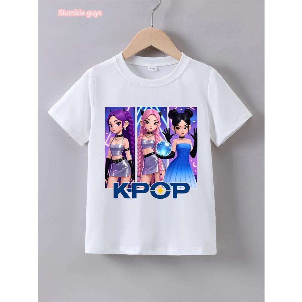 Girls Kpop Style T Shirt Summer Casual Anime Print Short Sleeve Anime Clothes Comfortable Soft Kids Fashion Tee Tops