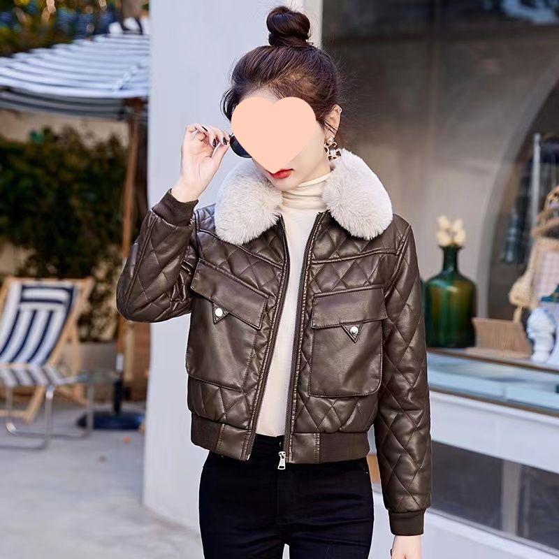 Women's Short Fleece-Lined Leather Motorcycle Jacket - Winter Fashion Cotton-Padded Coat