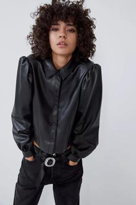 Casual Black Handmade Genuine Party Stylish Shirt Lambskin Leather Formal Women