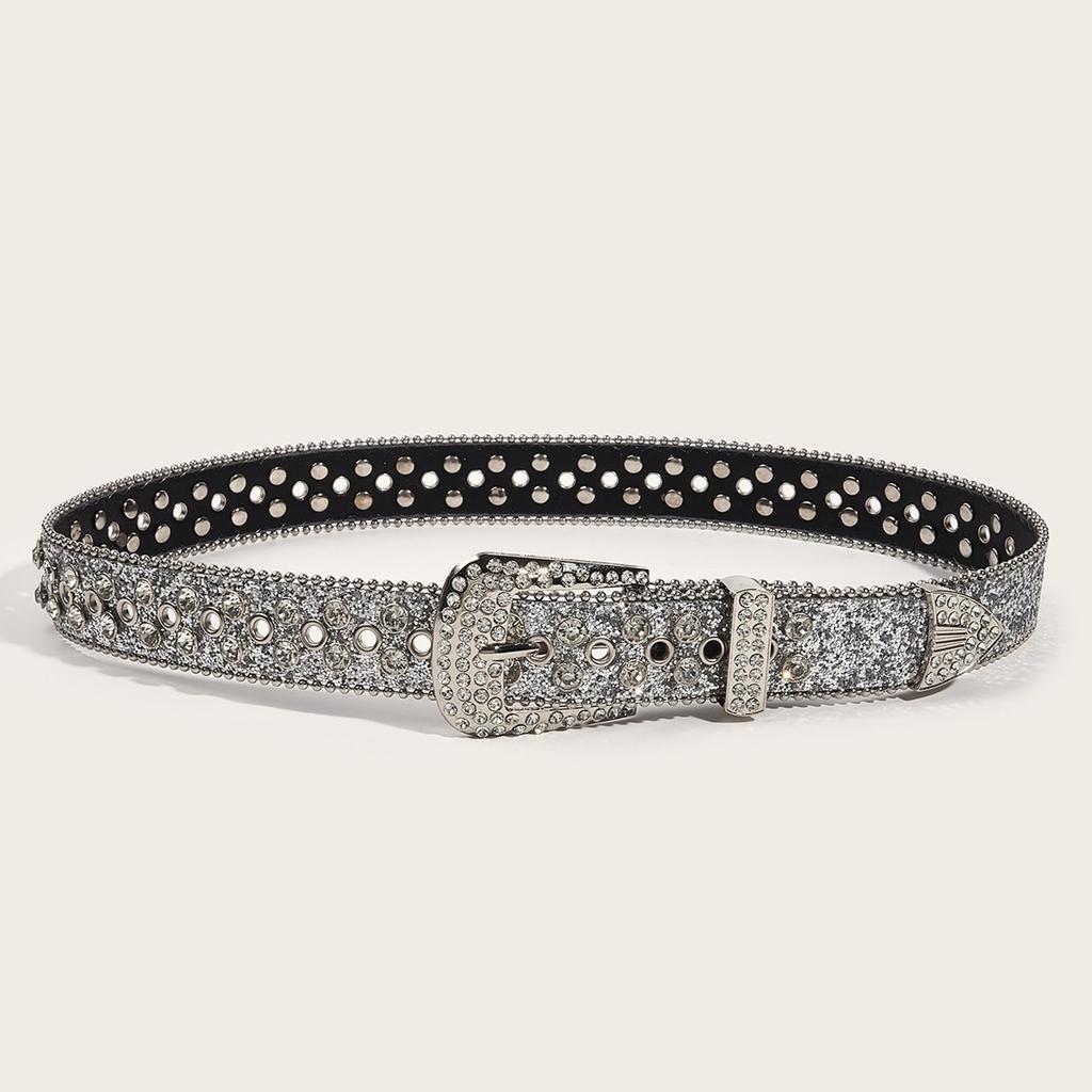 Bling Bling Sparkling Rhinestone Studded Western Metal [Lamerry] Belt, Belt, Buckle, 115cm, Men's & Women's (Silver)