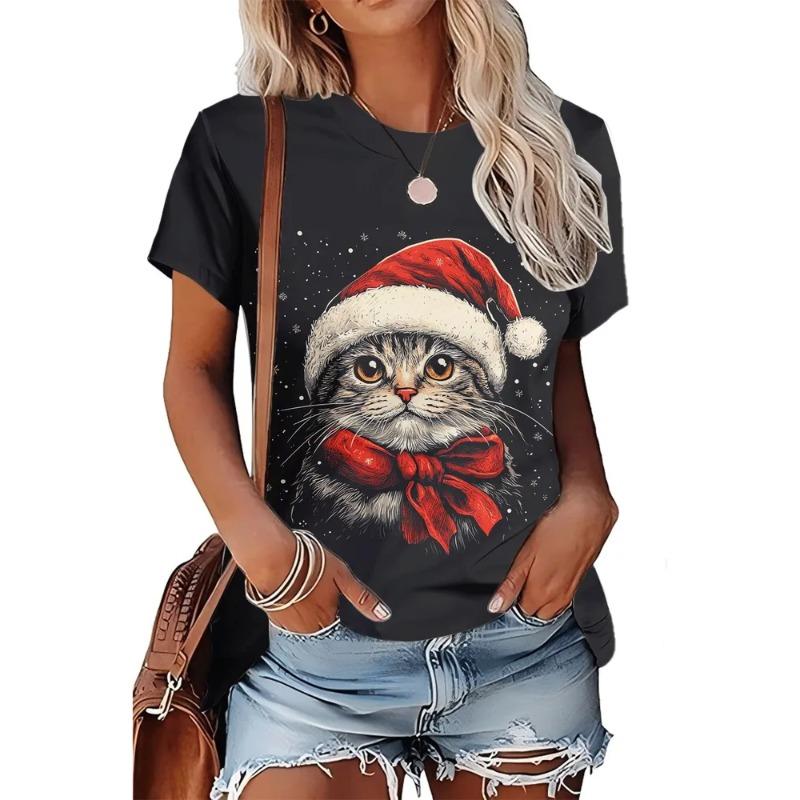Summer Ladies 3D Printed Crew Neck T-Shirt Christmas Dress Up
