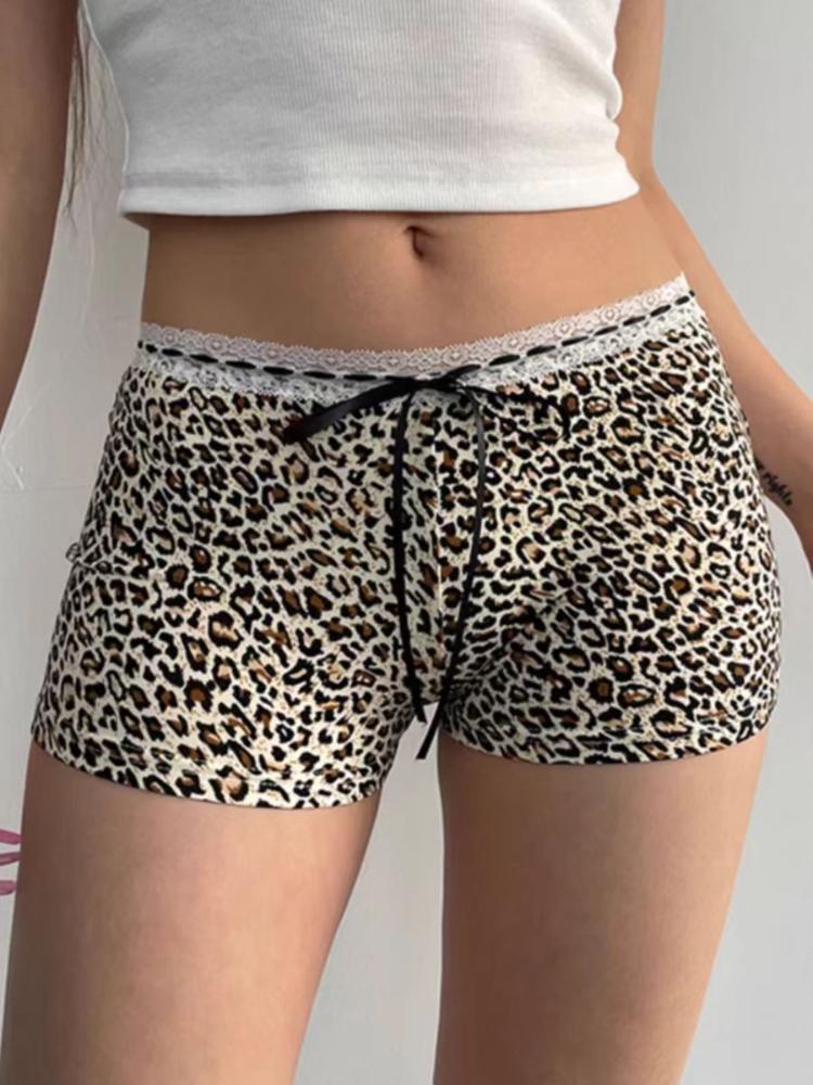 Sommar Grunge Short Leopard Sexiga spetsjeans Dam Estetisk Y2k Rosett Skinny Streetwear Byxor Kvinnlig Vintage A-linje Slim Shorts Kläder