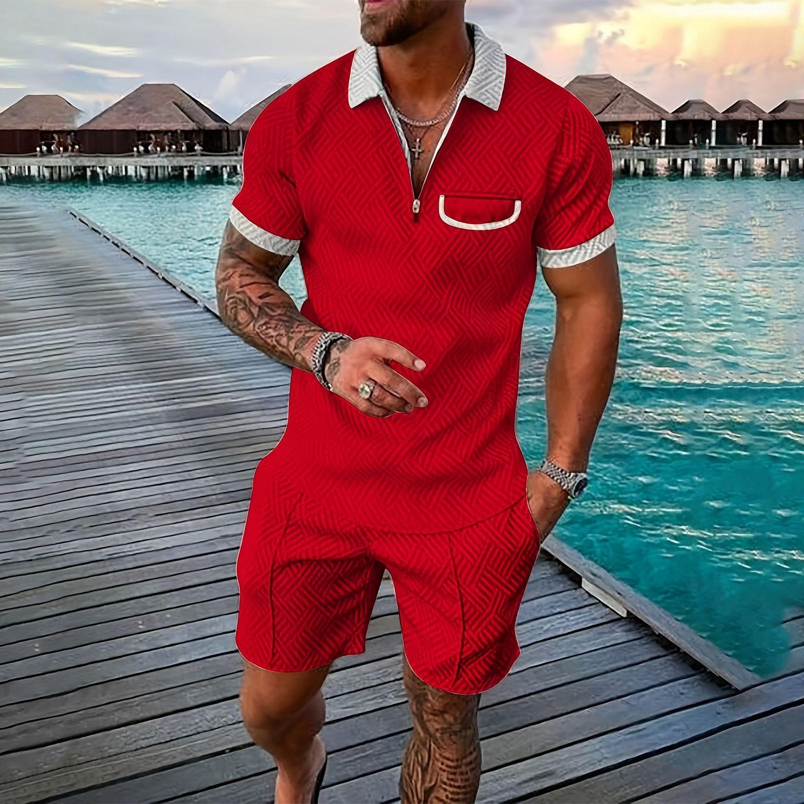 

Мужской летний однотонный комплект из рубашки с коротким рукавом, карманом на молнии и лацканами, шортами XL красный