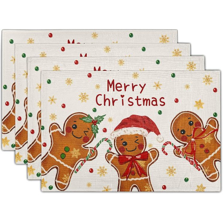 Xmas Placemats Set of 4 Gingerbread Man House Washable Heat Resistant Rectangle Dinner Mats for Party Kitchen Dining Decoration 12x18 Inch