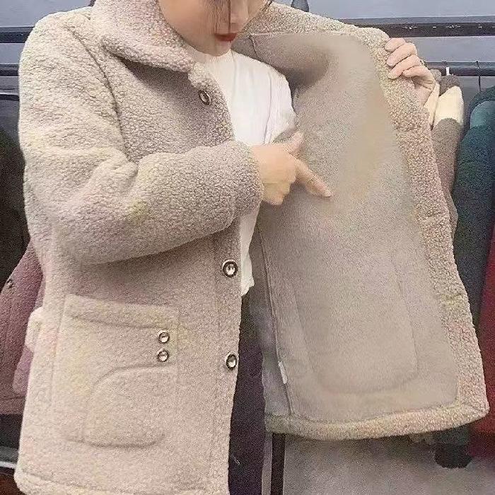Velvet Thickened Lamb Fleece Long Sleeve Autumn/Winter Mid Length Coat Warm Coat for Women