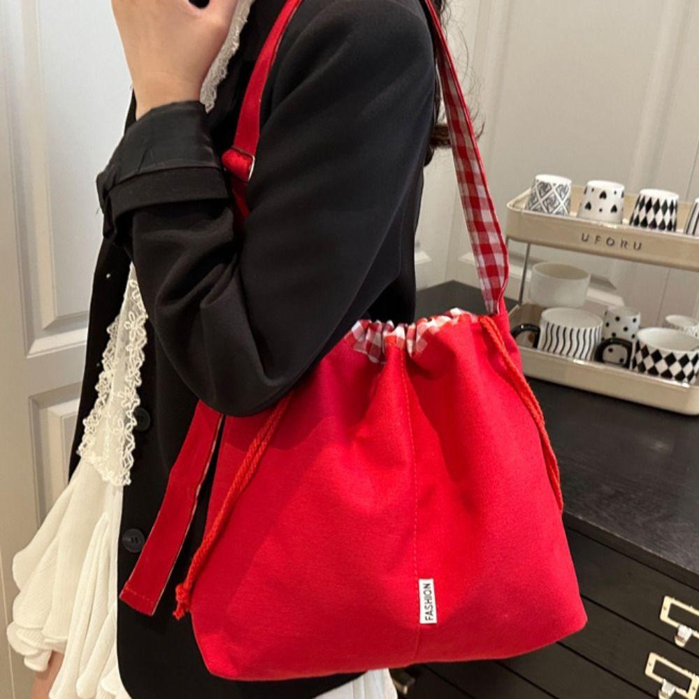 Cloth Drawstring Bucket Bag Retro Tote Bag Portable Denim Canvas Bag  Women