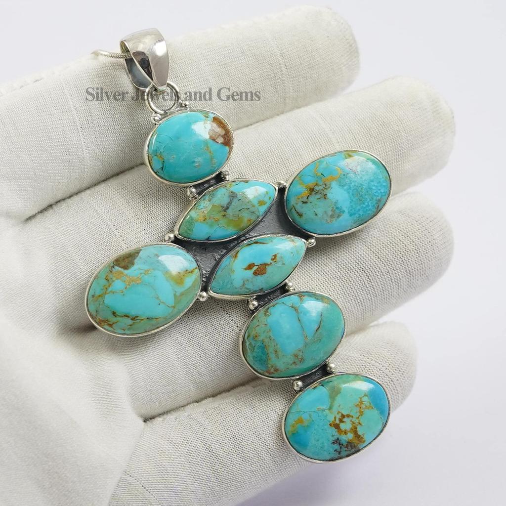 Kingman Turquoise Cross Pendant, 925 Sterling Silver Handmade Pendant