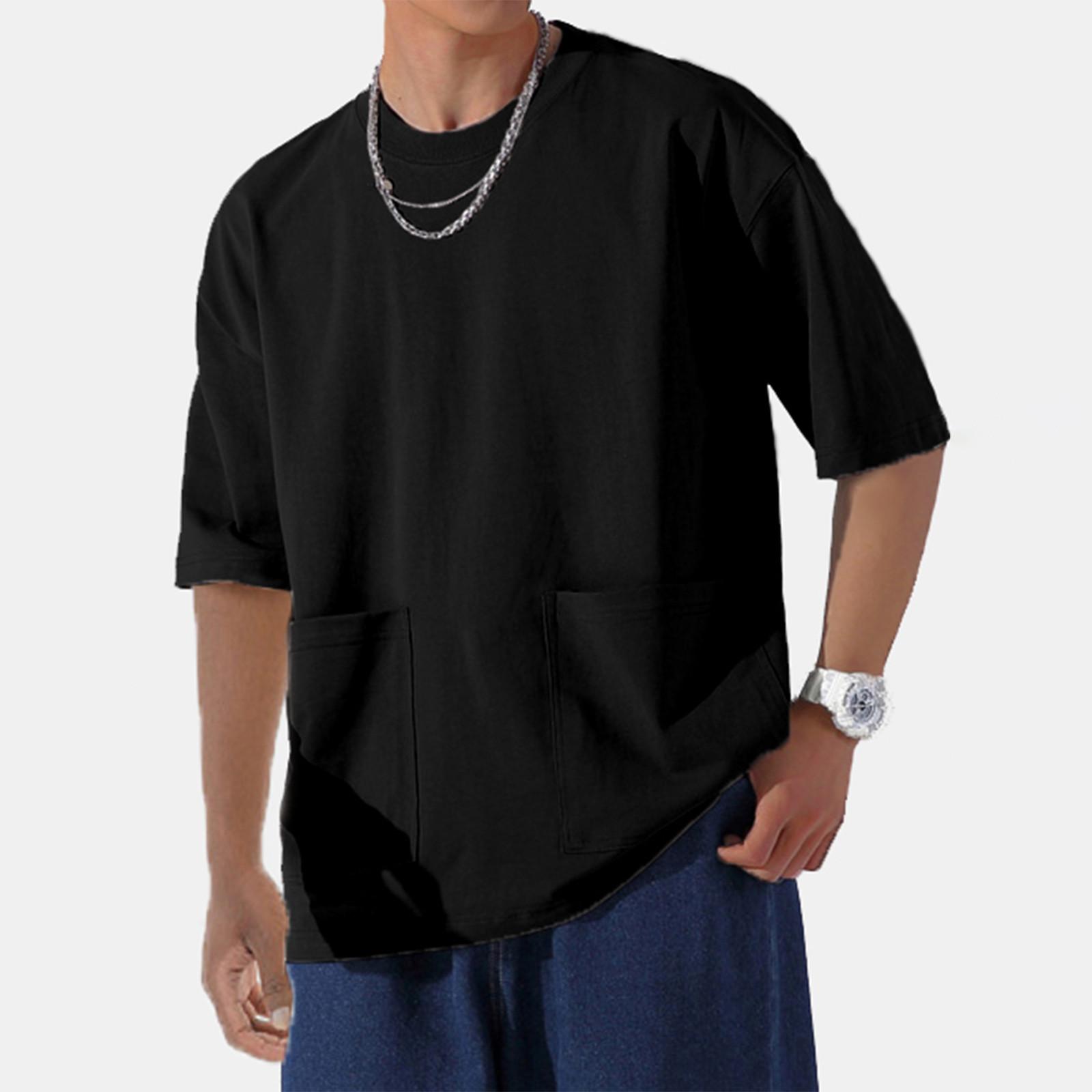 

Мужская однотонная футболка в стиле ретро с двойным карманом и широким вырезом, с большим заниженным плечом и рукавом 5/4 XL чёрный