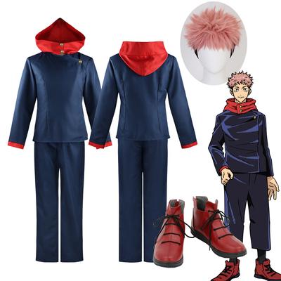 Jujutsu Kaisen Itadori Yuji Cosplay Κοστούμια Φούτερ Πουκάμισα Παντελόνια Halloween Party Anime Στολή Σετ Καρναβάλι Roleplay Παπούτσια περούκα