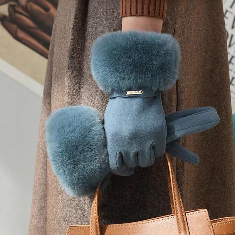 Winter Women'S Warm Gloves Have Windproof And Cold Resistant Properties, Thick Fur Lining, And Touch Screen Gloves