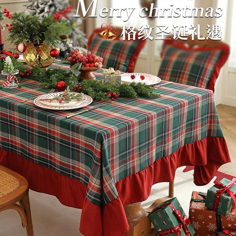 Christmas Green Plaid Ruffled Tablecloth Table Runner Decorative Cloth Home Party