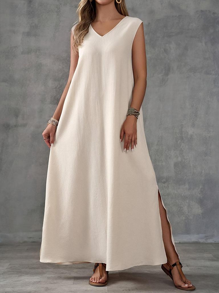 2025 Summer Sleeveless V-neck Side Slit Maxi Dress - Elegant Women's Long Dress